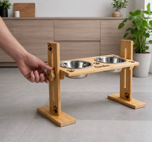 🐾 Comedero Elevado en Madera Ajustable 🐾